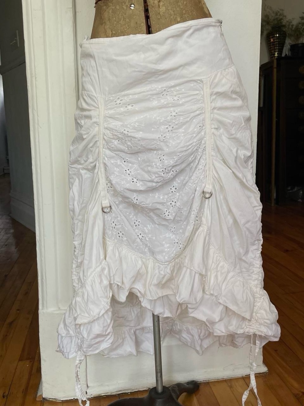 White Boho Ruffled Eyelet Midi Skirt